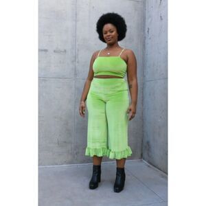 K.S. Garner Kiwi Green Luna Bottoms Velvet Cropped Pants with Ruffle Hem XXS